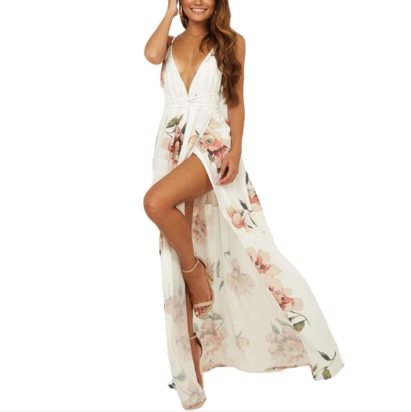 Morning mist.White Floral Side Slit Cross maxi dress. Size 8/10 - Picture 3 of 7